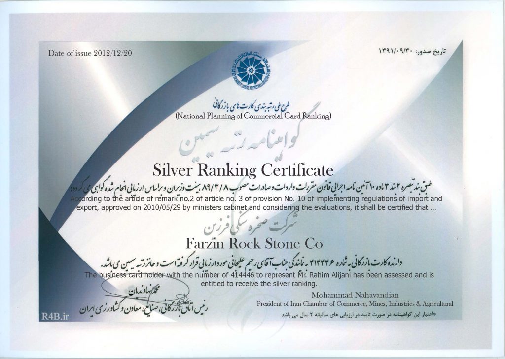 iran fresh fruits Silver rank certificate