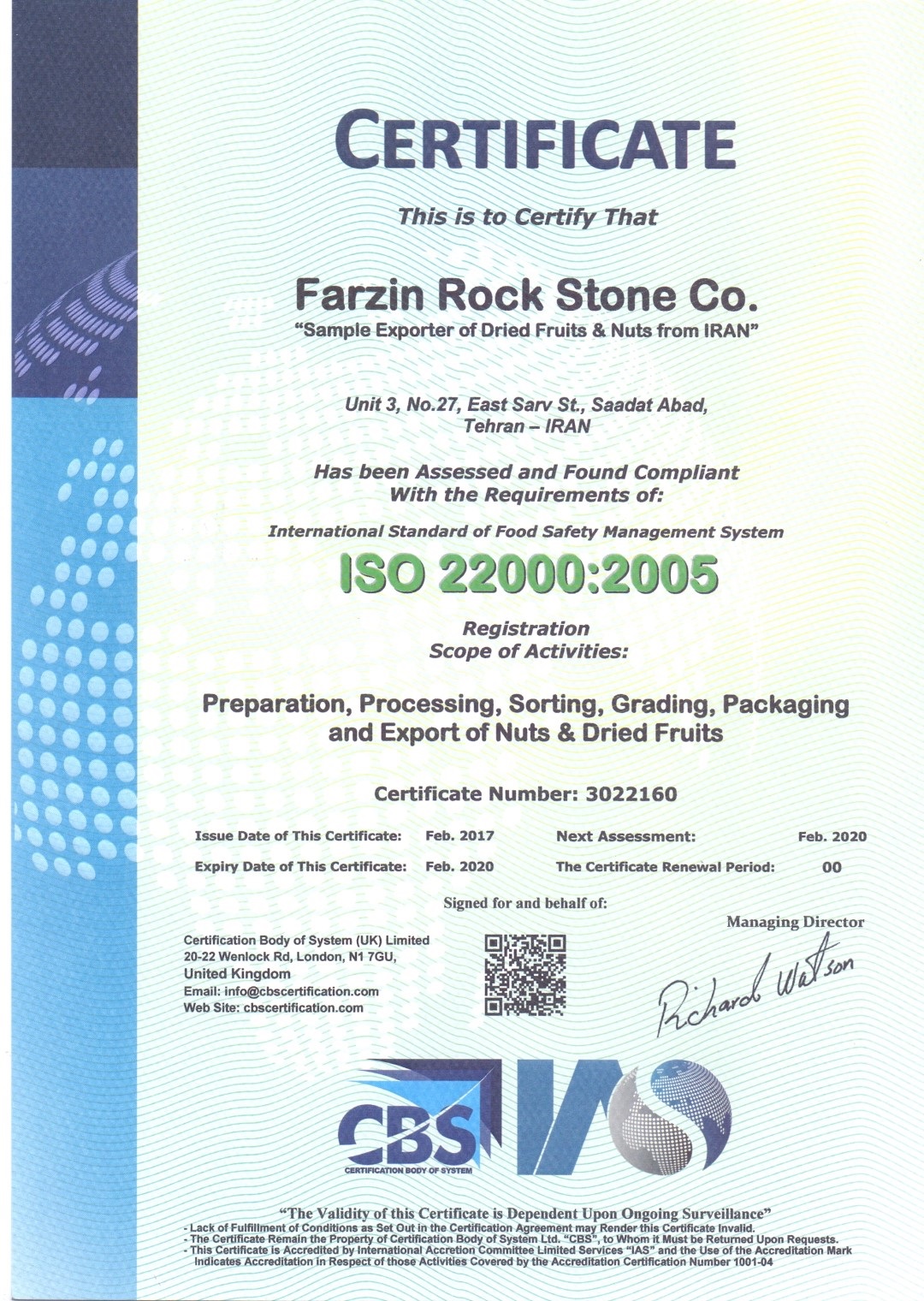 Iran Fresh Fruits ISO 22000 : 2005 Certificate